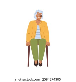 Senior woman sitting on comfortable chair and smiling. Vector flat cartoon character, isolated old lady waiting in line. Talking or having conversation, looking aside. Female personage in armchair