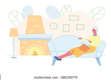 Senior Woman Sitting on Sofa in Living Room with Burning Fireplace Knitting Clothing. Granny Handcraft Hobby Spare Time at Home. Grandmother Enjoying Knitwork Leisure Cartoon Flat Vector Illustration