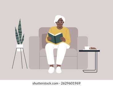 A senior woman sitting in a peaceful living room, deeply engaged in reading her favorite books