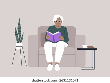 A senior woman sitting in a peaceful living room, deeply engaged in reading her favorite books