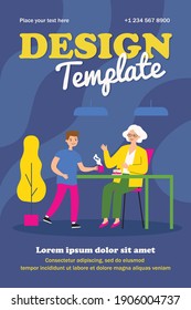 Senior woman sitting at table and grandson giving her tea. Grandmother, cake, home flat vector illustration. Family and relationship concept for banner, website design or landing web page