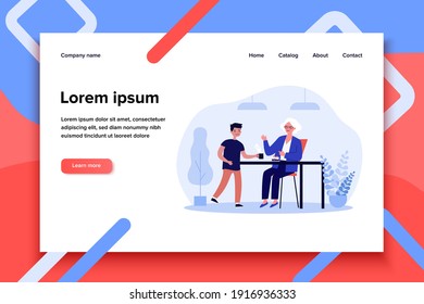 Senior woman sitting at table and grandson giving her tea. Grandmother, cake, home flat vector illustration. Family and relationship concept for banner, website design or landing web page