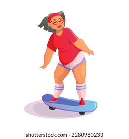 Senior Woman Skater. Stylish Old Lady. Strong and Independent. Grandma Rides a Skateboard. Vector Illustration in Cartoon Style.