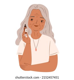 Senior woman skincare concept. Elderly woman isolated on white background. Flat vector illustration.