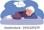 
Senior Woman Sleeping on a Sofa Bed Vector Cartoon Illustration. Elderly lady regenerating and 
resting her tired body 
