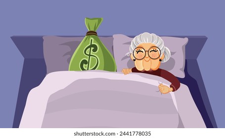 
Senior Woman Sleeping with Retirement Money Bag Vector Cartoon. Rich elderly lady feeling financial secure and independent
