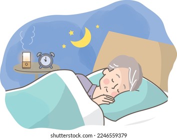 Senior woman sleeping soundly in bed with cat Stock illustration