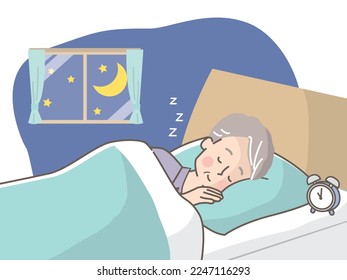 Senior woman sleeping soundly in bed with cat Stock illustration