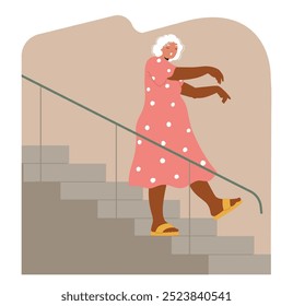 Senior Woman Sleepwalking Downstairs Wearing A Pink Polka Dot Nightgown. Cartoon Vector Illustration Captures A Moment Of Somnambulism, Depicting The Sleepwalking Experience With Humor and Expression