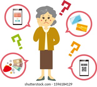 Senior woman with smartphone . Cashless payment .
Vector illustration