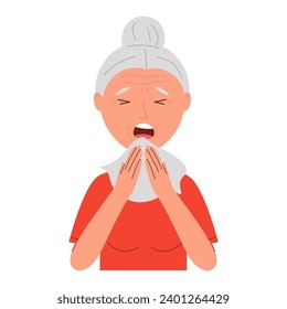 Senior woman sneezes. Flu or cold symptoms in sick people. Vector illustration of Unhealthy person