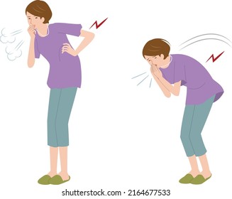 Senior woman with sneezing and coughing that hurts her flanks and back