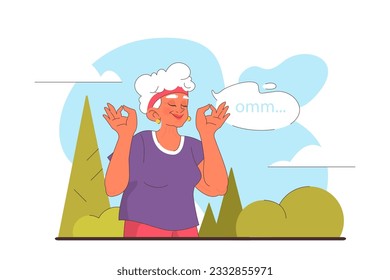 Senior woman in a sportswear doing yoga. Physical and mental health. Body relaxation and meditation. Retired person training. Flat vector illustration