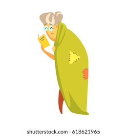 Senior woman standing covered with a green blanket and reading a book. Colorful cartoon character