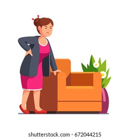 Senior woman standing frowned with closed eyes leaning on arm chair holding back, suffering from pain. Lady experiencing backache at home. Flat style vector illustration isolated on white background.