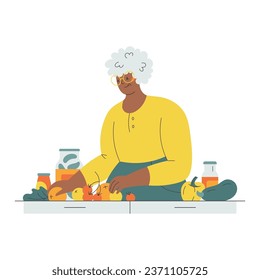 Senior woman standing at the kitchen counter preparing groceries for cooking. Flat style character vector illustration.