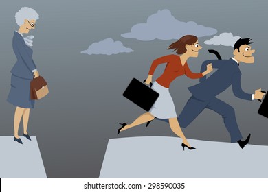 Senior woman standing on the edge of the gap, separated her from competing younger employees, vector illustration, EPS 8