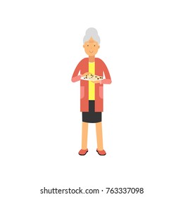 Senior woman standing with plate of food, pensioner people leisure and activity vector Illustration