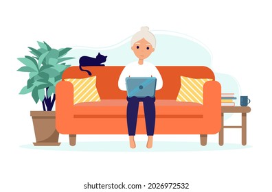 Senior woman stay at home. Old woman sitting on sofa with laptop. Pensioner with a cat. Elderly people during the coronavirus outbreak. Vector illustration in a flat style.