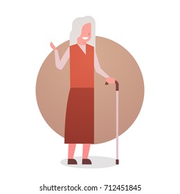Senior Woman With Stick Happy Smiling Grandmother Gray Hair Female Icon Full Length Lady Flat Vector Illustration