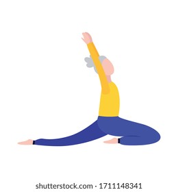 Senior woman in stretching yoga position isolated on white background - cartoon senior pensioner living healthy lifestyle and doing exercise. Flat vector illustration