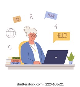 Senior woman studying foreign language online. Old woman sitting on chair and studies computer. Online study. Vector illustration isolated on white background