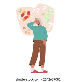 Senior Woman Suffer Of Alzheimer Disease, Struggle With Brain Geriatric Mental Illness. Old Grandmother Character Trying To Remember If She Apply Medicine Pills. Cartoon People Vector Illustration