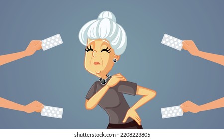 
Senior Woman Suffering from Cervical Pain Receiving Treatment Vector Illustration. Elderly person with rheumatic problems receiving medical help 
