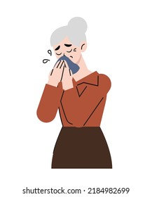 Senior woman suffering from depression alone looking sad, crying, wiping tears with handkerchief, despair, sad expression of elderly Concept. Vector illustration, Graphic, Art, isolated on background.