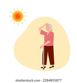 Senior woman suffering from heat and sweaty dehydration from strong sunlight in flat design. Hot climate in summer.