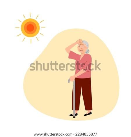 Senior woman suffering from heat and sweaty dehydration from strong sunlight in flat design. Hot climate in summer.