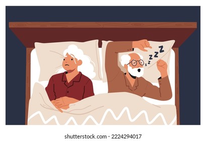 Senior Woman Suffering of Husband Snoring. Old Male Character Snore at Night Sleep. Breathing Apnea Disease, Noise Pollution, Asleep Unhappy Lady in Bed. Cartoon People Vector Illustration