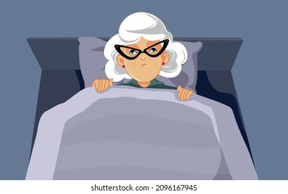 Senior Woman Suffering from Insomnia Unable to Sleep Vector Illustration. Unhappy granny trying to rest thinking feeling depressed
