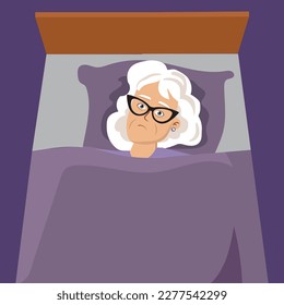 Senior Woman Suffering from Insomnia Unable to Sleep Vector Illustration. Unhappy granny trying to rest thinking feeling depressed.