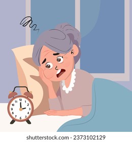 Senior Woman Suffering from Insomnia Unable to Sleep Vector Illustration. Unhappy granny trying to rest thinking feeling depressed