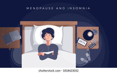 Senior woman suffers from insomnia, menopause symptom. Mature female insomniac lying awake in bed looking up trying to sleep. Menopause and insomnia concept. Vector illustration in flat cartoon style