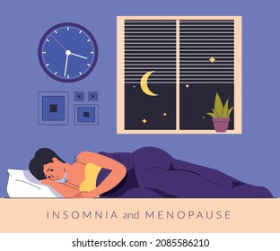 Senioren leiden an Schlaflosigkeit, Menopause-Symptom. Reife weibliche Beschneidung im Bett liegt mit offenen Augen und versucht zu schlafen. Menopause und Schlaflosigkeit Konzept. Vektorflache Cartoon-Illustration.