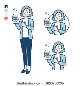 Senior woman in a suit with cashless payment on smartphone images.
It's vector art so it's easy to edit.
