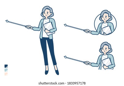 Senior woman in a suit with Explanation with a pointing stick image.
It's vector art so it's easy to edit.
