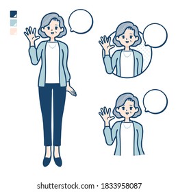 Senior woman in a suit with greeting images.
It's vector art so it's easy to edit.
