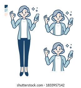 Senior woman in a suit with Holding a smartphone and doing an OK sign images.
It's vector art so it's easy to edit.
