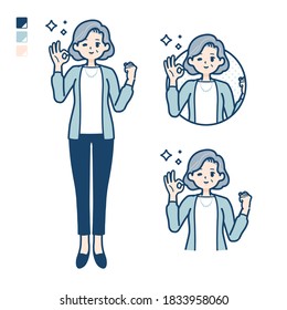 Senior woman in a suit with OK sign images.
It's vector art so it's easy to edit.
