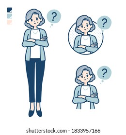 Senior woman in a suit with Question images.
It's vector art so it's easy to edit.
