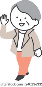 A senior woman in a suit raising her hand in greeting.