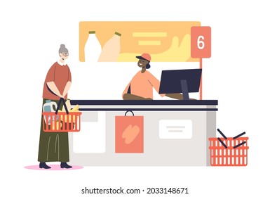 Senior woman at supermarket cashier desk paying and purchasing grocery food in retail store. Older lady shopping mall customer. Store queue concept. Cartoon flat vector illustration