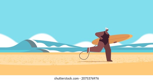 Senior Woman With Surf Board Aged Female Surfer Holding Surfboard Summer Vacation Active Old Age Concept Horizontal Full Length Vector Illustration