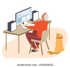 Senior woman surfing the net, chatting on social networks using computer, flat vector illustration. Online communication. Mature people lifestyle. Happy retirement. Elderly online internet activity.