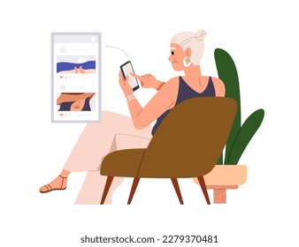 Mujer mayor navegando en línea, red de medios sociales. Vieja usando internet por teléfono móvil. Mujer anciana moderna sosteniendo el smartphone en mano. Ilustración vectorial plana aislada en fondo blanco