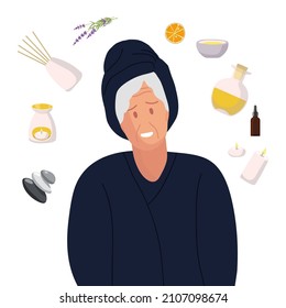 Senior woman surrounded aromatherapy accessories. Woman with towel on her head wearing bathrobe. Beauty spa treatment and relax flat vector illustration for skin care concept.