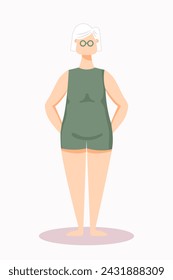 Senior woman in swimsuit vector illustration. Vector illustration of aged female character in flat style. Elderly lady underwear model.